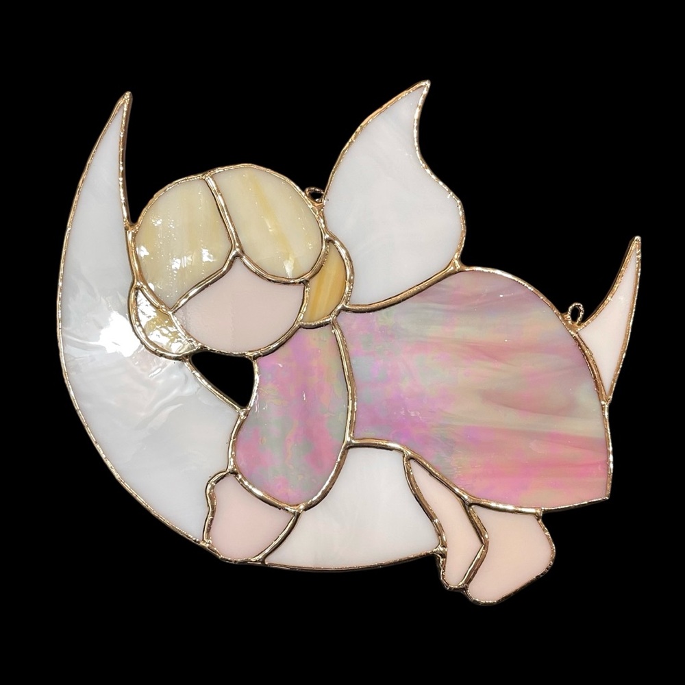 Vintage 1990s Stained Glass Angel on the Moon Sun Catcher - Adorable Collectible